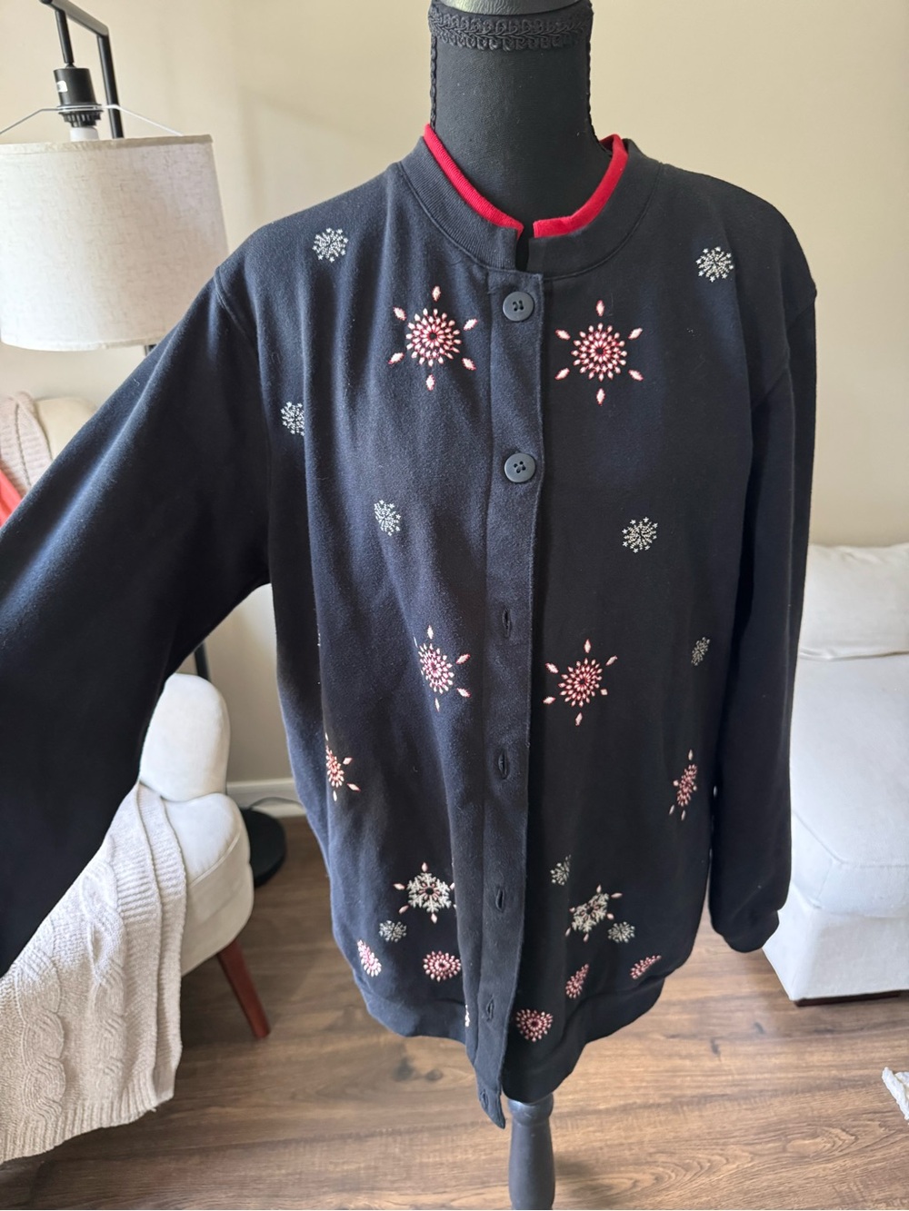 Baxter & Wells Black Cardigan with Red Trim and Pink Embroidery